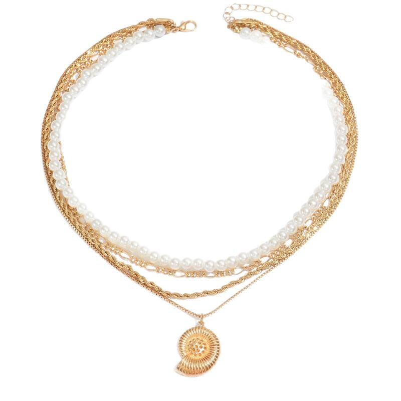 Bohemian Imitation Pearl Conch Pendant Necklace for Women Ladies Multi-Layered Design Vacation Collarbone Necklaces Jewelry Gift