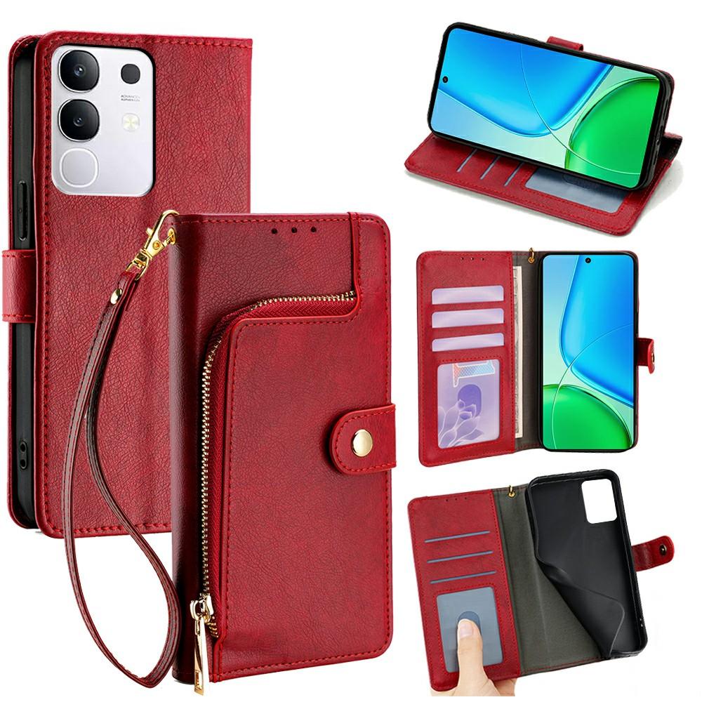 

For vivo Y29 4G Case Zipper Pocket PU Leather Wallet Flip Phone Cover Red