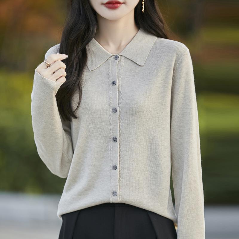 Fine Merino Wool Polo Collar Knit Cardigan - 2025 Spring Collection, Solid Color, Loose Fit, Versatile Outerwear.