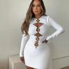 2023 Evropský a Americký Styl Dutý Design Crop Top Obvazové Šaty - Dlouhý Rukáv Bodycon Večerní Šaty pro Ženy