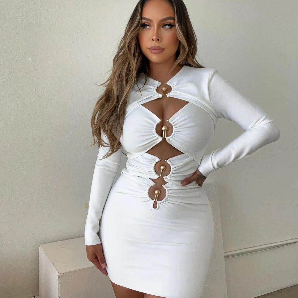 2023 Evropský a Americký Styl Dutý Design Crop Top Obvazové Šaty - Dlouhý Rukáv Bodycon Večerní Šaty pro Ženy