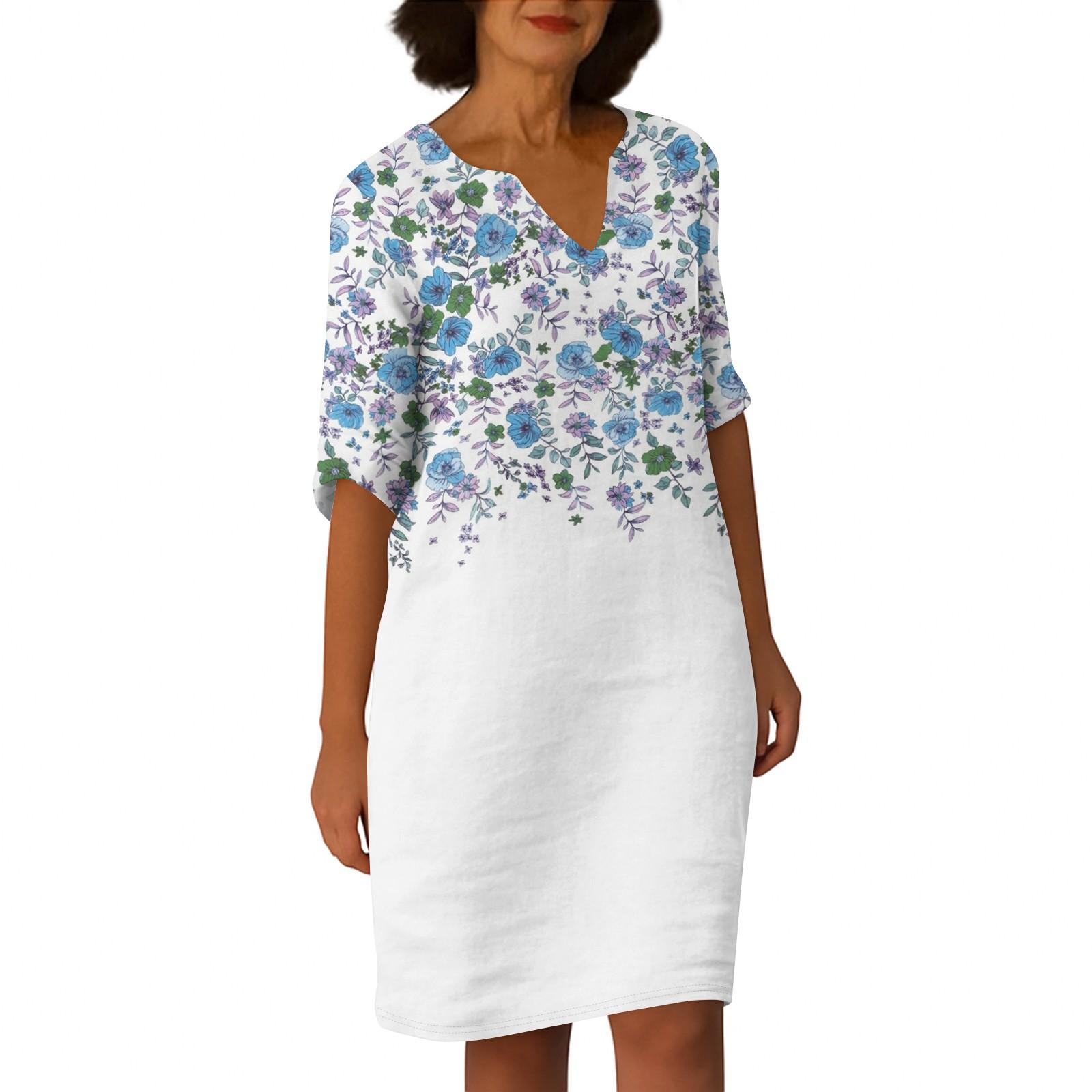 

Платья для женщин. Винтажное платье-туника с принтом и талией. Летнее повседневное платье с половиной рукавов. L белый