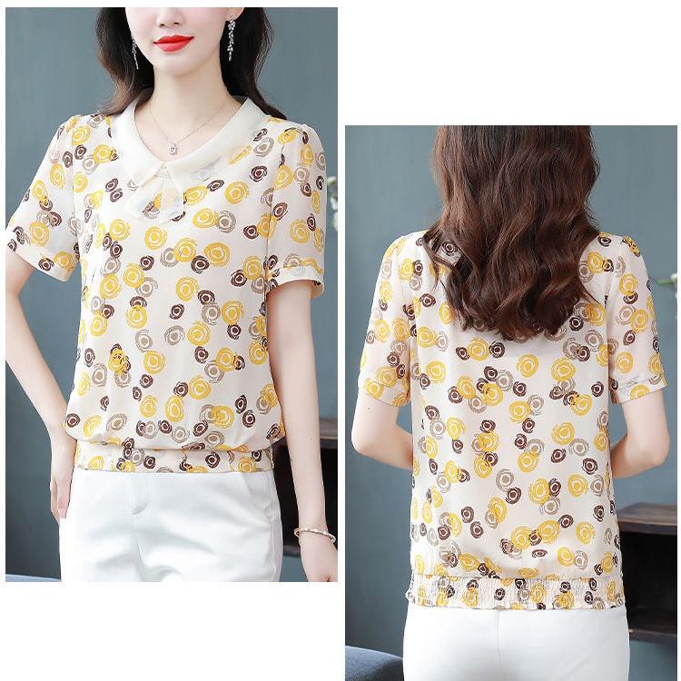 Summer New Chiffon Shirt Short Sleeve Doll Neck Patchwork Floral Top Women's Loose Fitting Mother's Bottoming Blouse M-5XL