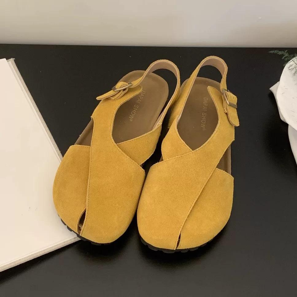 

2025 Summer Flats Sandals Women Platform Shoes Suede Designer Casual Buckle Slippers Brand New Walking Slingback Sandalias Mujer 40 жовтий