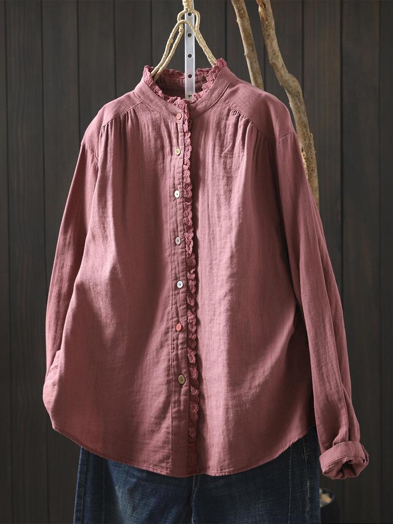 2026 Spring Lace Button Women's Double Layer Cotton Gauze White Shirt - Versatile & Age-Reducing