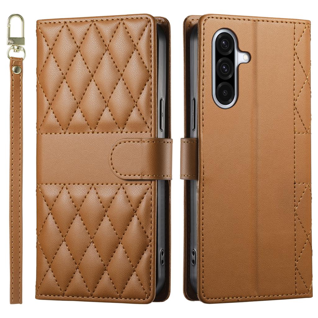 For Samsung Galaxy A56 5G Case Rhombus Stitching Wallet Stand Leather Phone Cover with Long/Short Strap