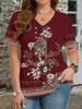 Ethnische Stil Blumen T-Shirts 3D Druck Sommer Damen V-Ausschnitt Kurzarm T-Shirt Y2k Harajuku Tees Lässige Oberteile Damenbekleidung