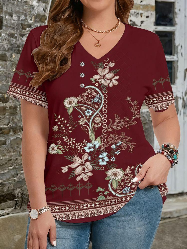Ethnische Stil Blumen T-Shirts 3D Druck Sommer Damen V-Ausschnitt Kurzarm T-Shirt Y2k Harajuku Tees Lässige Oberteile Damenbekleidung
