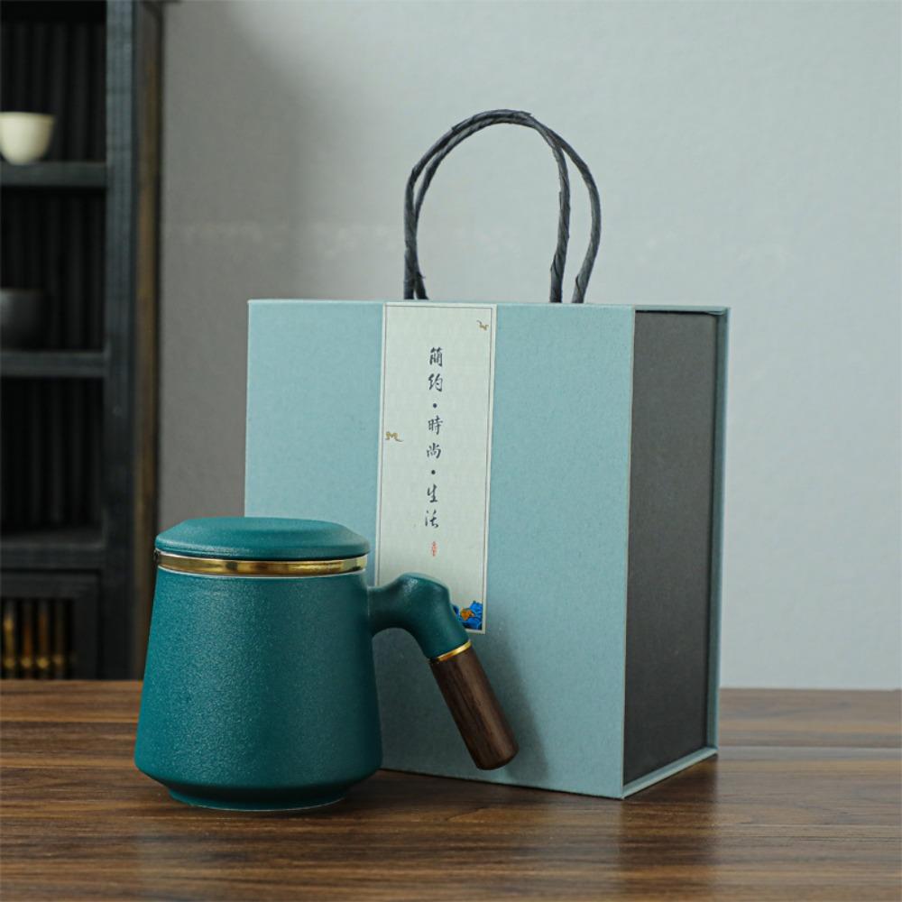 Ceramic Tea Cup with Lid Tea Separation Cup Filter Water Cup Creative Wooden Handle Cup Office Cup Gift Cup