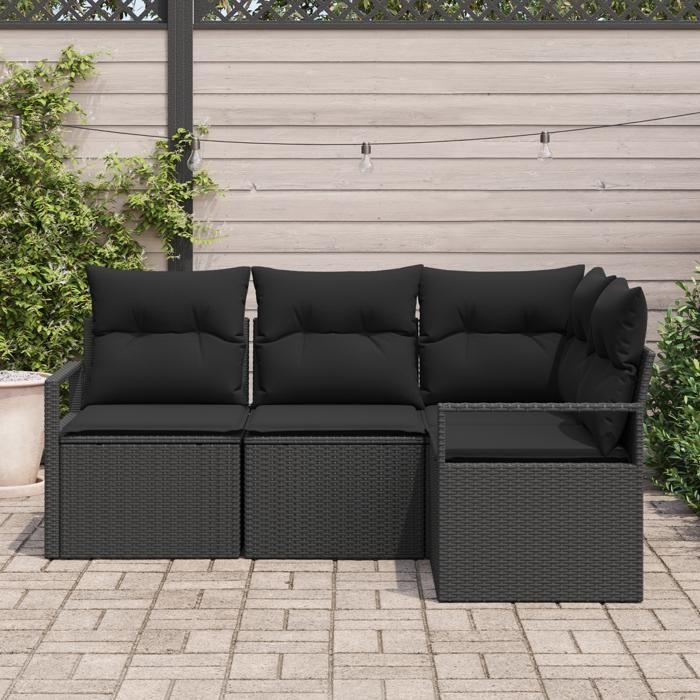 Ensemble de canapés de jardin 4 pièces avec coussins Noir Poly Rattan, Canapé 2 places de jardin avec coussins Noir Poly 3346363