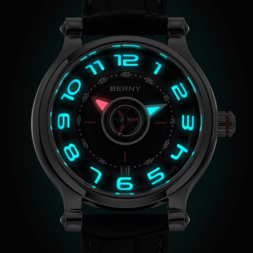 BERNY Men's Mechanical Watch - Automatic and Manual Winding, Miyota 8215 Movement, Multifunction Calendar, Luminous Hands, Display Back Cover, 5ATM