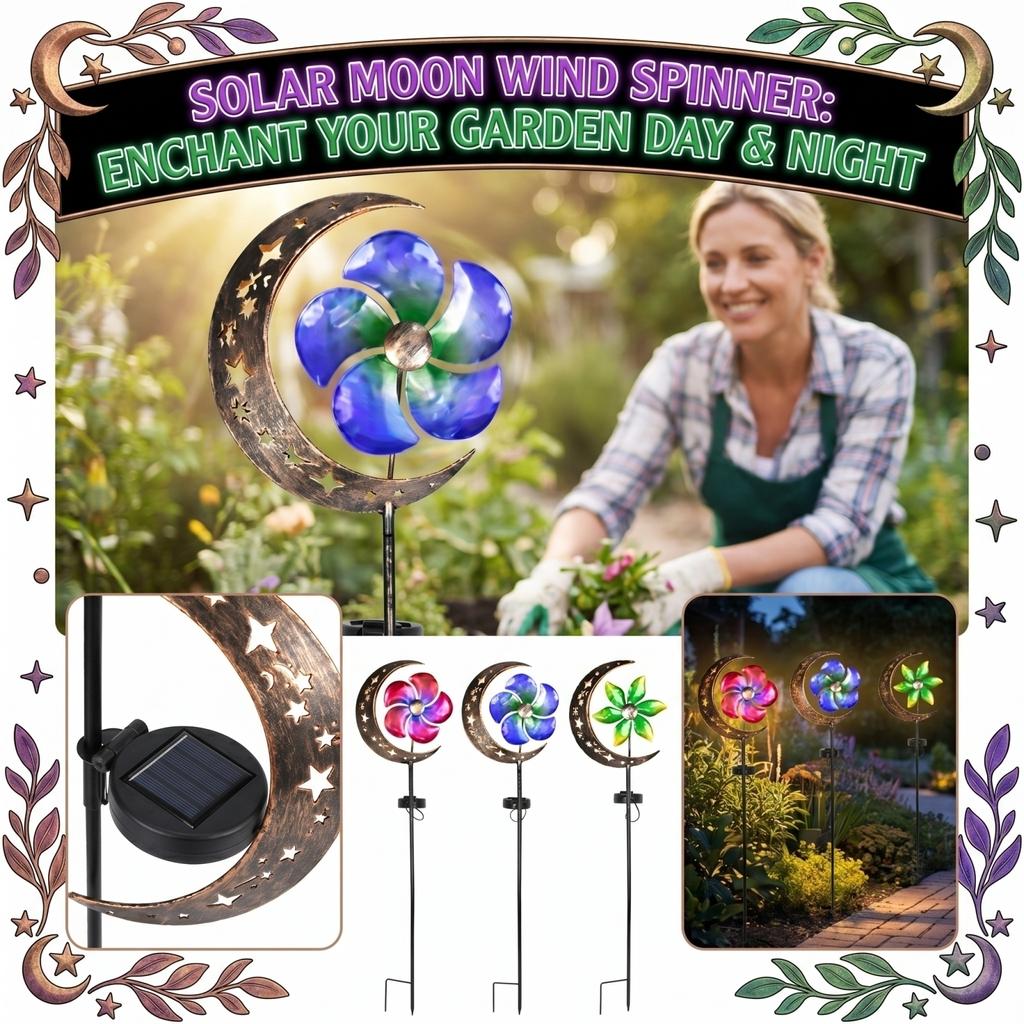 Solar Powered Moon and Pinwheel Garden Stake Light with Metal Construction and Decorative Cutout Design for Outdoor Yard Pathway Lawn Landscape