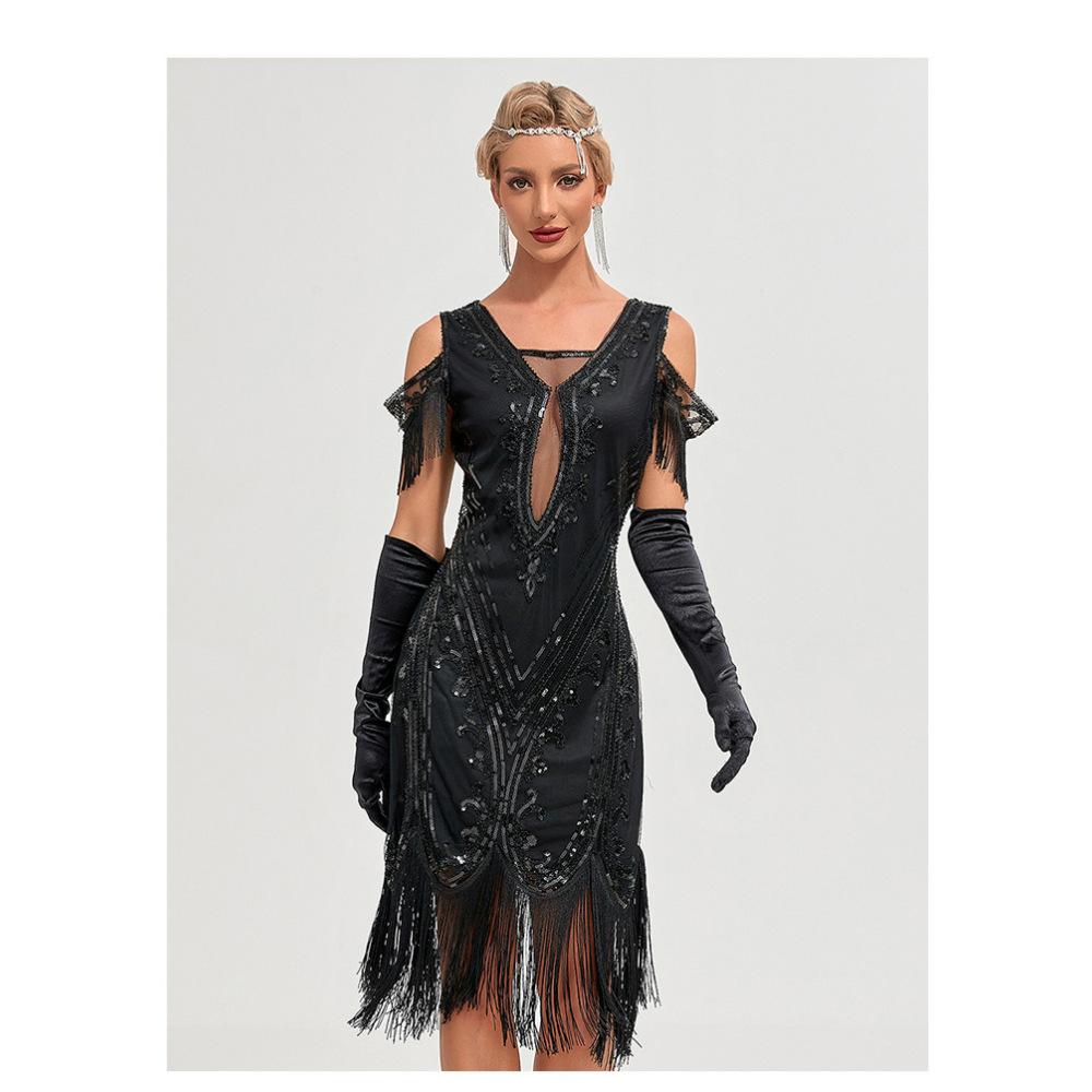 1920S Retro Ball Embroidered Fringed Dress Cocktail Party Large Size Sequined Beaded Mesh Dress