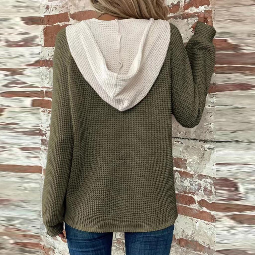 Damska bluza z długim rękawem i ściągaczem w blokach kolorów, z kapturem i guzikami, z dekoltem w serek, w swobodnym stylu