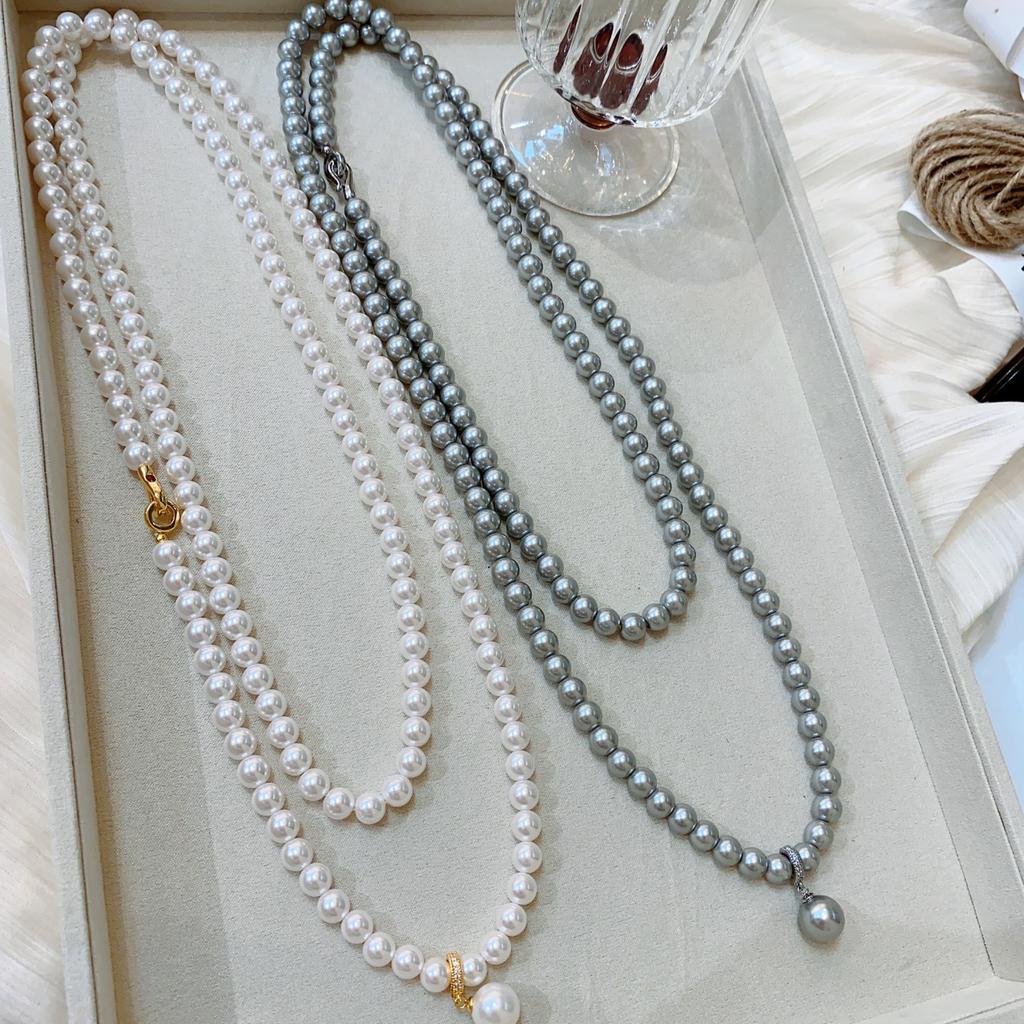Pearl Double Stacked Long Neck Chain Niche Design Fashionable Silver Necklace Beads High-End Exquisite Chain Sweater Chain