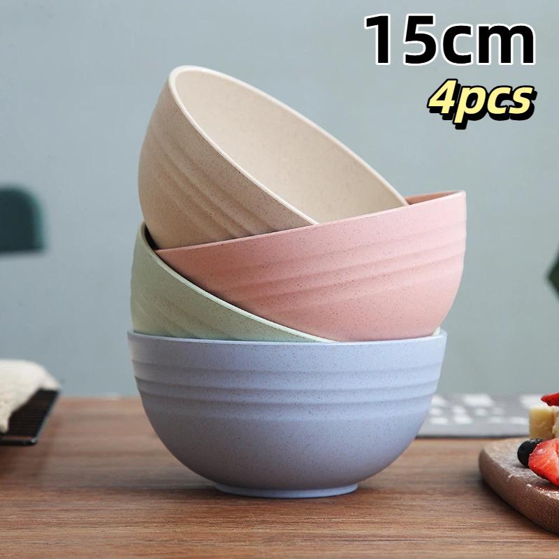 4Pcs Wheat Straw Bowl Set Unbreakable Plastic Bowls Fruit Salad Bowl Microwave Dishwasher Safe Home Kitchen Daily Use