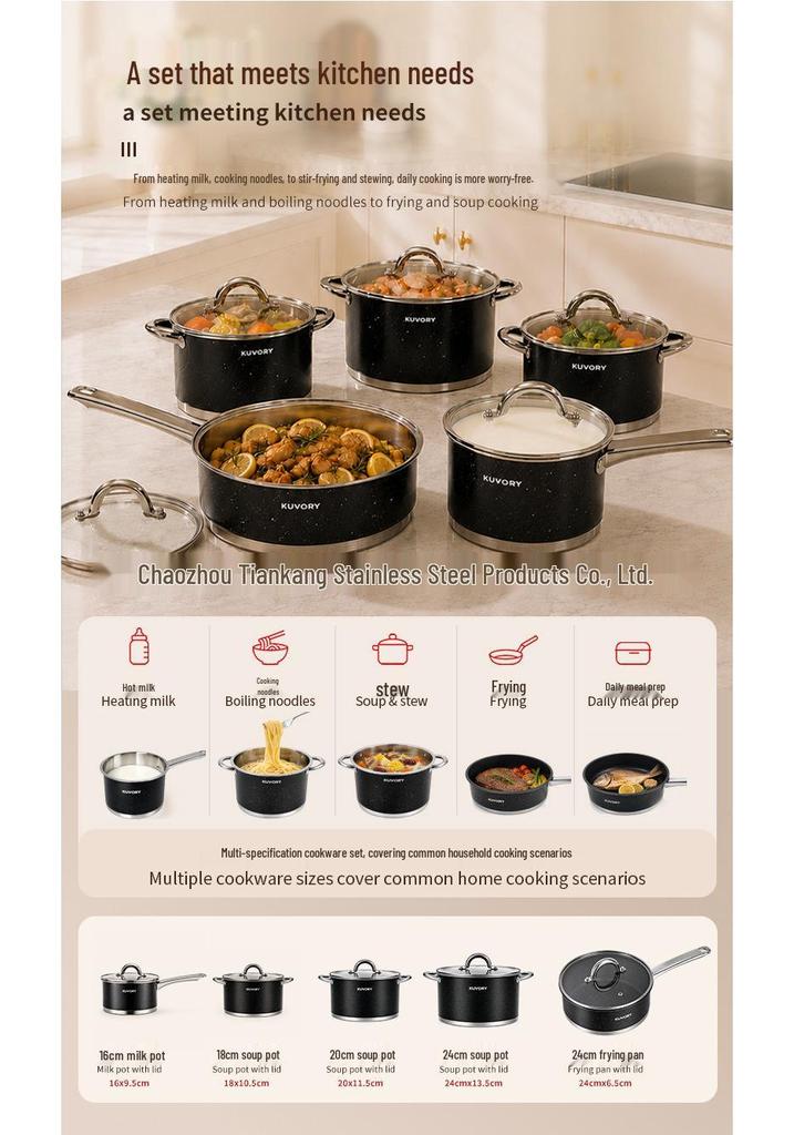 5-Piece Stainless Steel Cookware Set: Non-Stick Soup Pot, Frying Pan, and Milk Pot