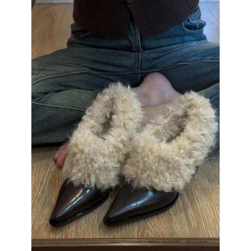 Sheepskin Version~ High-end Pointed Small Leather Shoes Women's Retro One-pedal Fluffy Single Shoes High-heeled Thick Velvet Warm Cotton Shoes