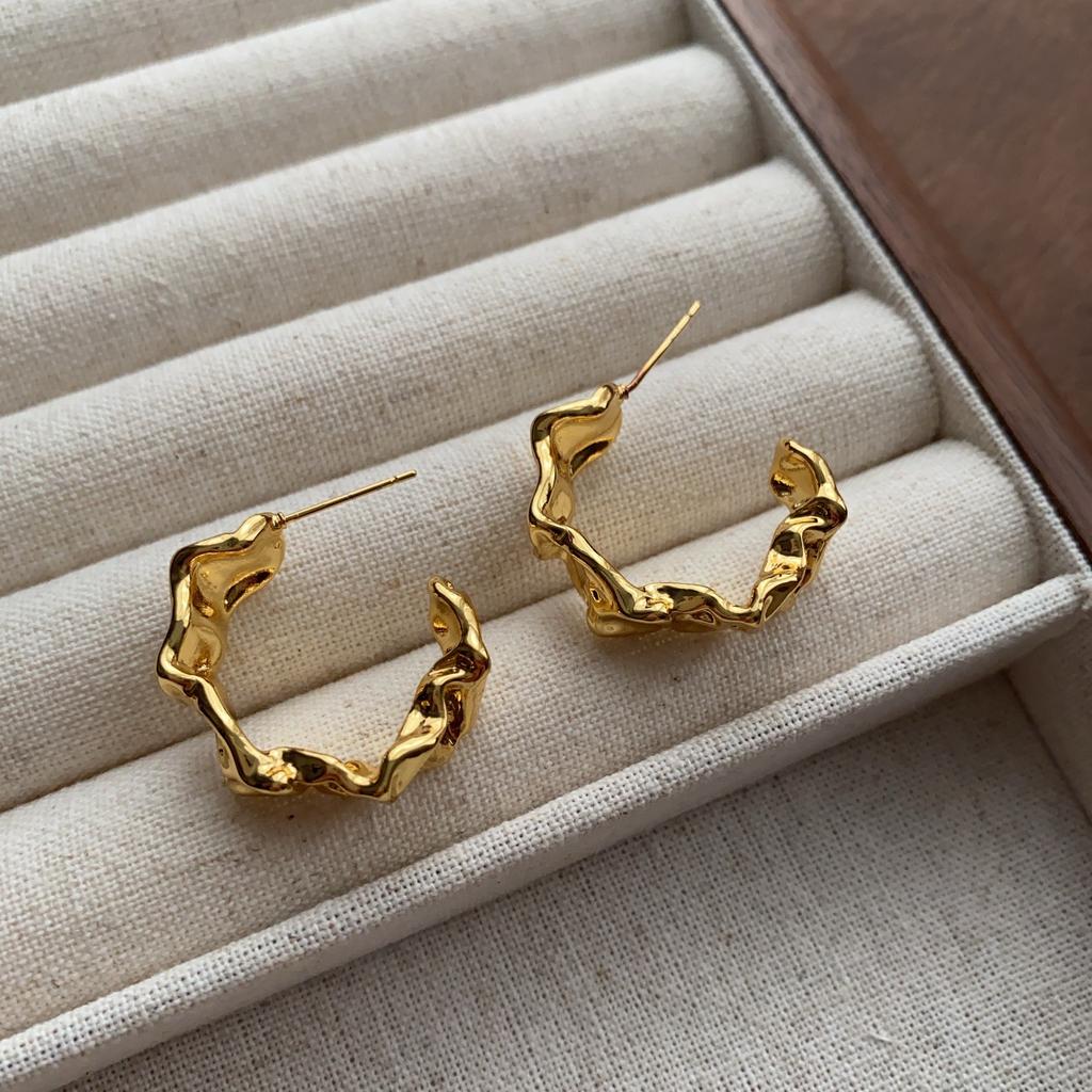 Gold Irregular Twist Earrings Pleated Glossy Polished Earrings Personalized Unique Earrings