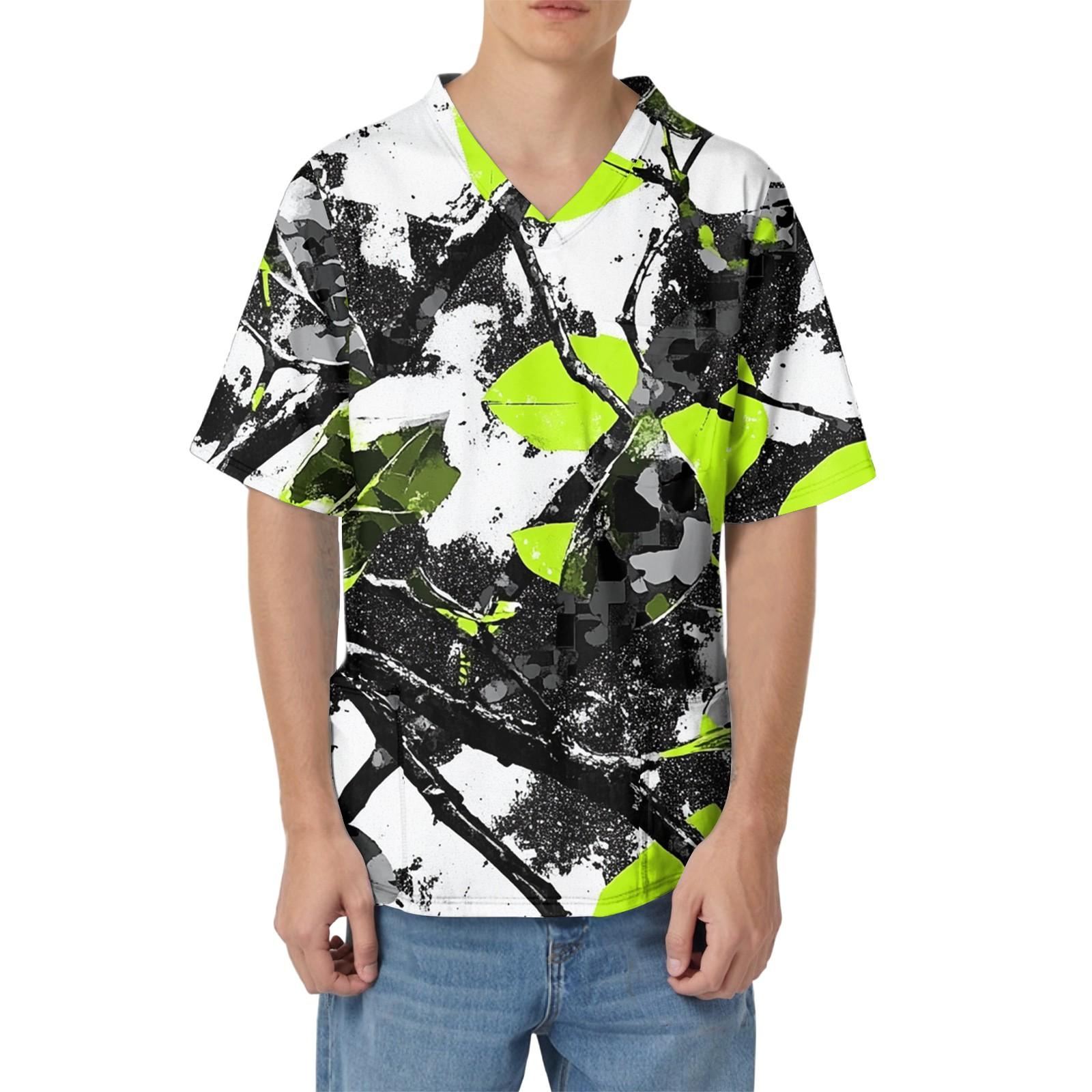 

Мужская рабочая блузка с короткими рукавами и v-образным вырезом с принтом, топ с нагрудным карманом XL белый