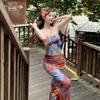 High-End Floral Bikini Three-Piece Set: Women's Slimming, Conservative Swimwear with Long Dress Cover-Up for Hot Springs.