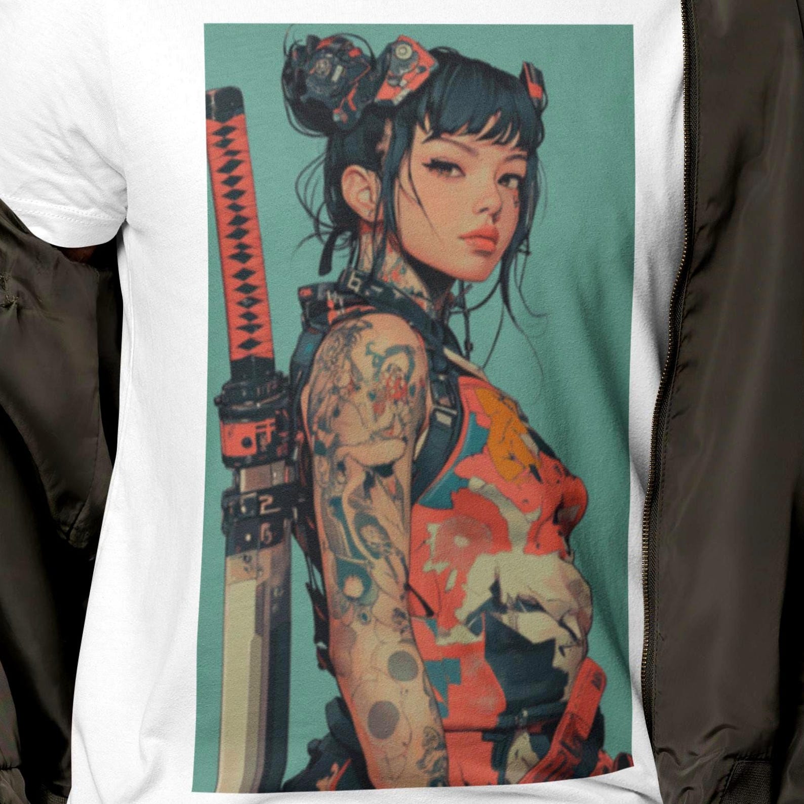 Tattooed Samurai Girl T-Shirt | Cyberpunk Anime Warrior Graphic Tee | Badass Katana Fighter Apparel | Bella Canvas S to 3XL L