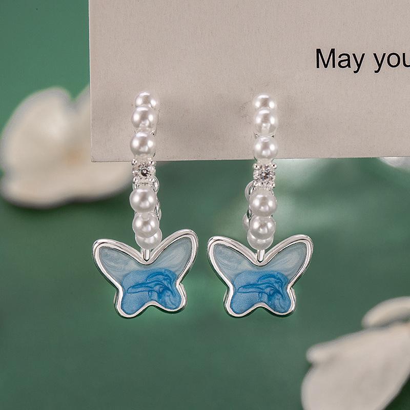 Pearl Blue & White Gradient Butterfly Stud Earrings - Elegant, High-End Design for Women Copper