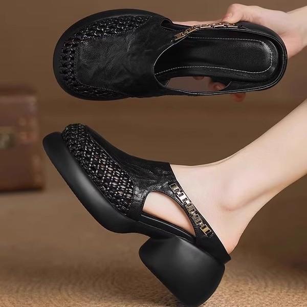 Stepping On Shit Feeling Baotou Thick-soled Sandals Women's Leather Hollow Half-mop 2025 New Summer Woven Mesh High-heeled Slippers