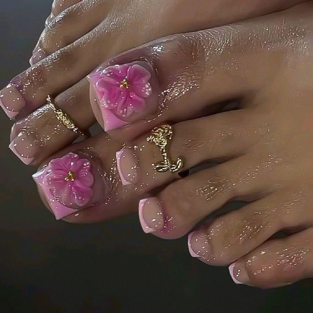 24pcs Short Square Toe Nails 3D Rose Red Flowers Foot Nails Fashion Fake Toenails  for Women Girl