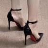 Dünner Absatz spitz sexy schwarze High Heels Damenschuhe neu Ein-Riemen-Schuhe mit roten Sohlen Hohlraum flacher Mund Temperament Einzel-Schuhe