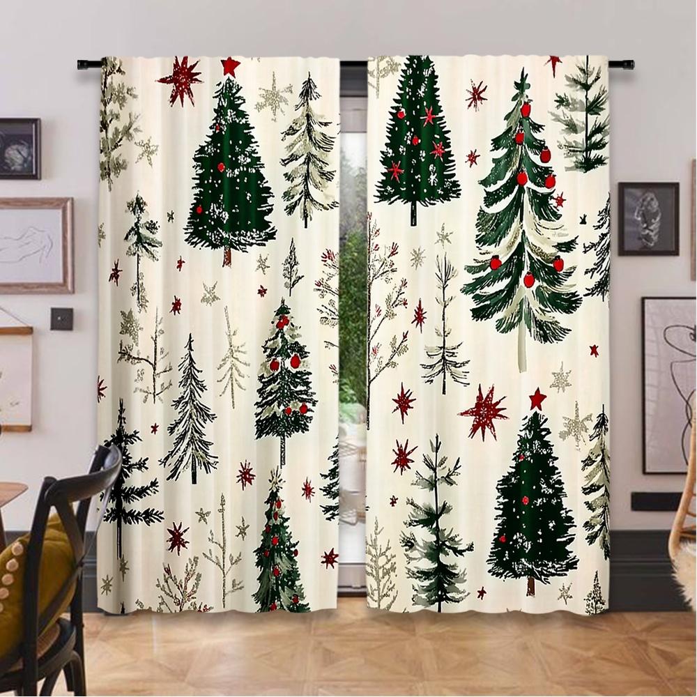 Set Of 2 Flat Printing High Quality Christmas Curtains Cartoon Tree Digital Printed Polyester Drapes Non Fading Festive Curtain Made