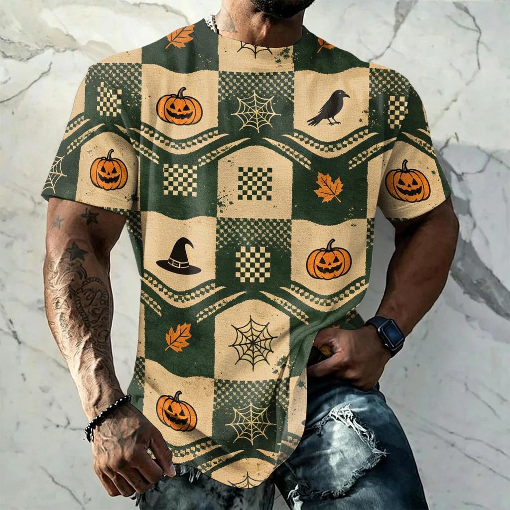 Men's Halloween Vintage Short Sleeve T Shirt Loose Fit Breathable Summer Sports Streetwear Casual Everyday Top with Spider Web Bat Moon Print