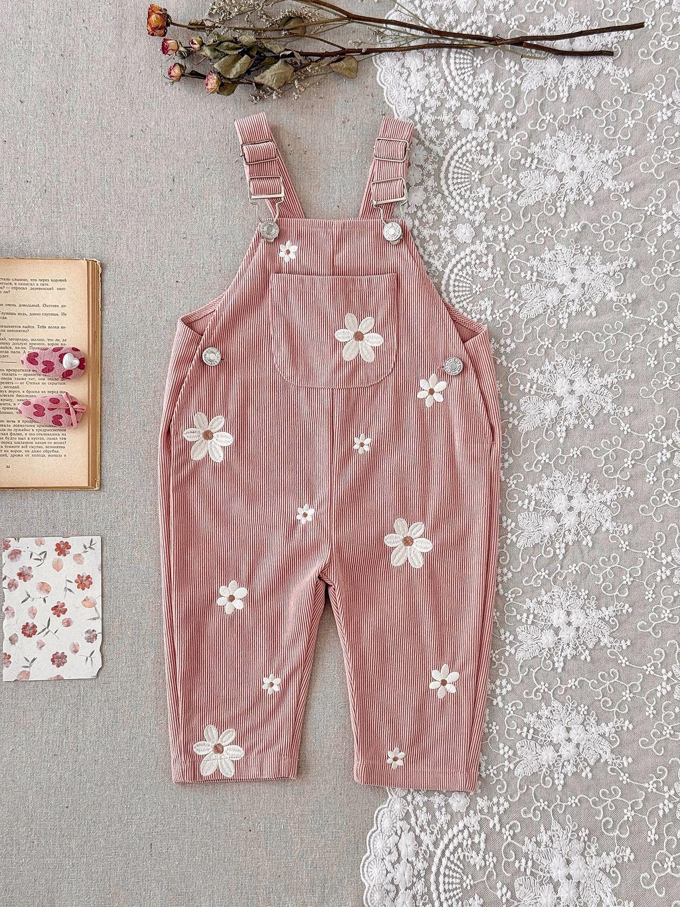 Korean Style Floral Embroidered Girls Overalls - Cute Baby Jumpsuit for Spring & Autumn