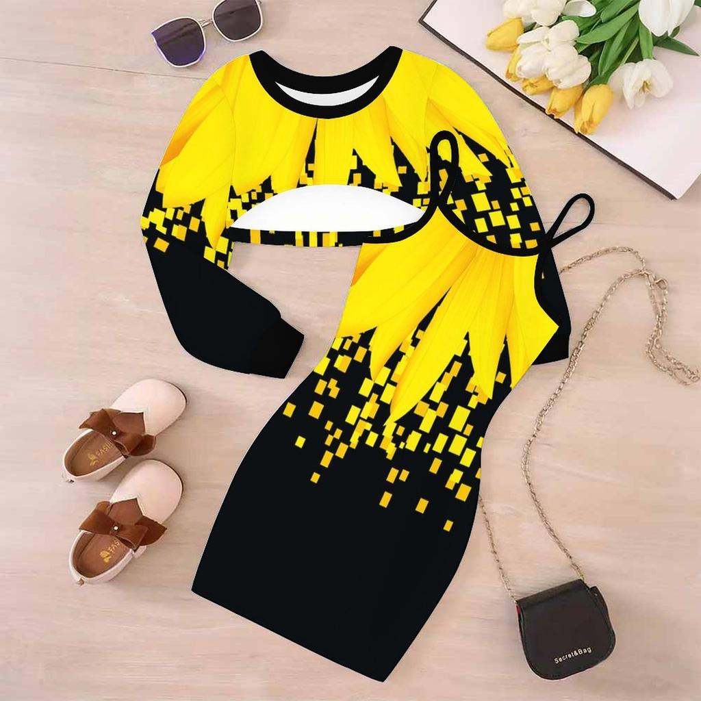 Girls Cartoon 2 Piece Outfits, Long Sleeve Crop Top + Spaghetti Strap Bodycon Dress, Fruit Floral Print Party Dress Set