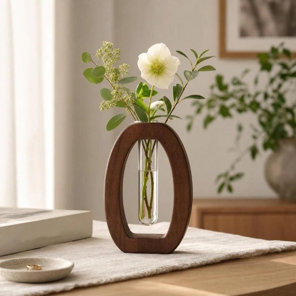 Home Decoration Hydroponic Flower Vase Wooden Flower Holder Water Plant Tube Stand Desktop Decor