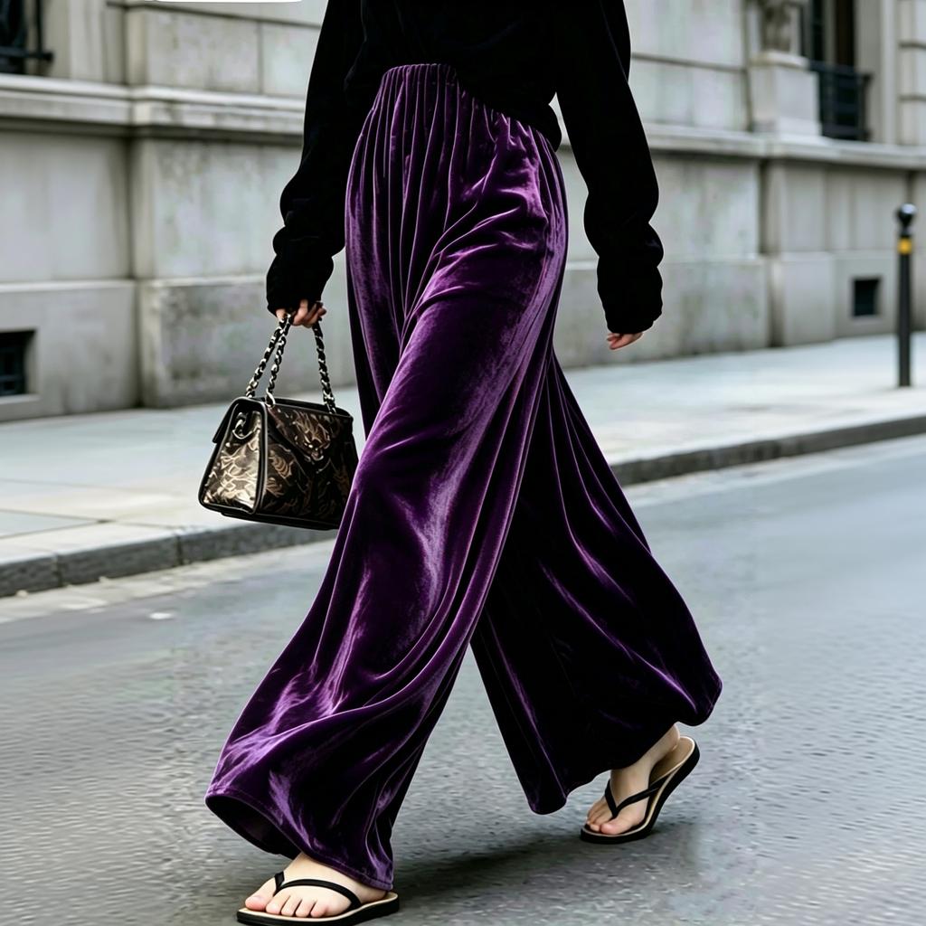 Women's Velvet Wide Leg Pants High Waist Loose Fit Flowy Long Trousers for Casual Wear