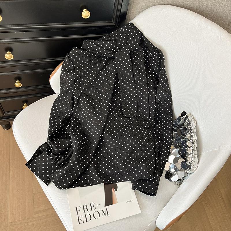 

2025 new fungus edge bow long-sleeved polka dot loose doll shirt women s small fresh shirt top M [Recommended below 50kg] чорний