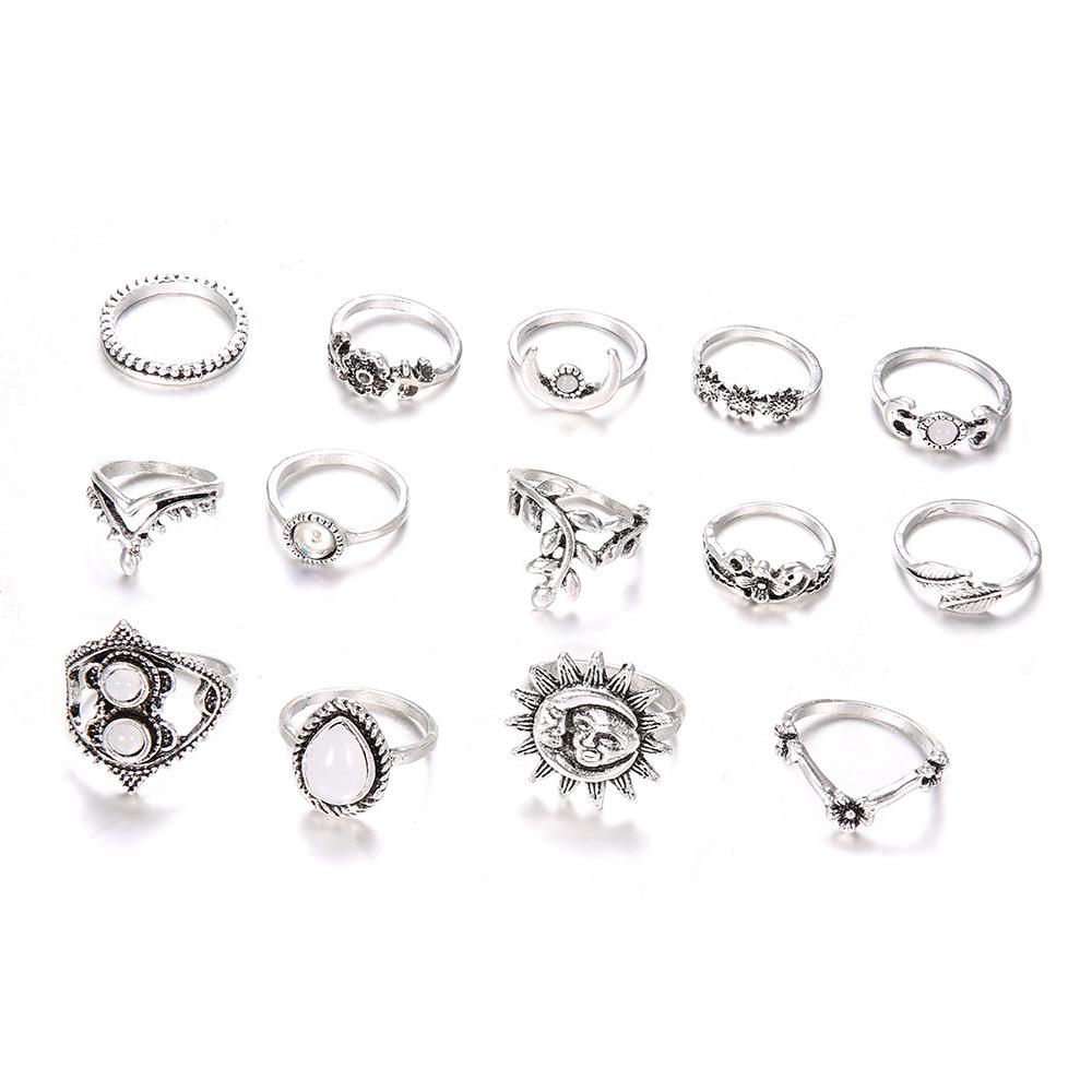 European & American Sunflower, Moon & Water Drop 14-Piece Ring Set with Intricate Floral and Diamond Accents