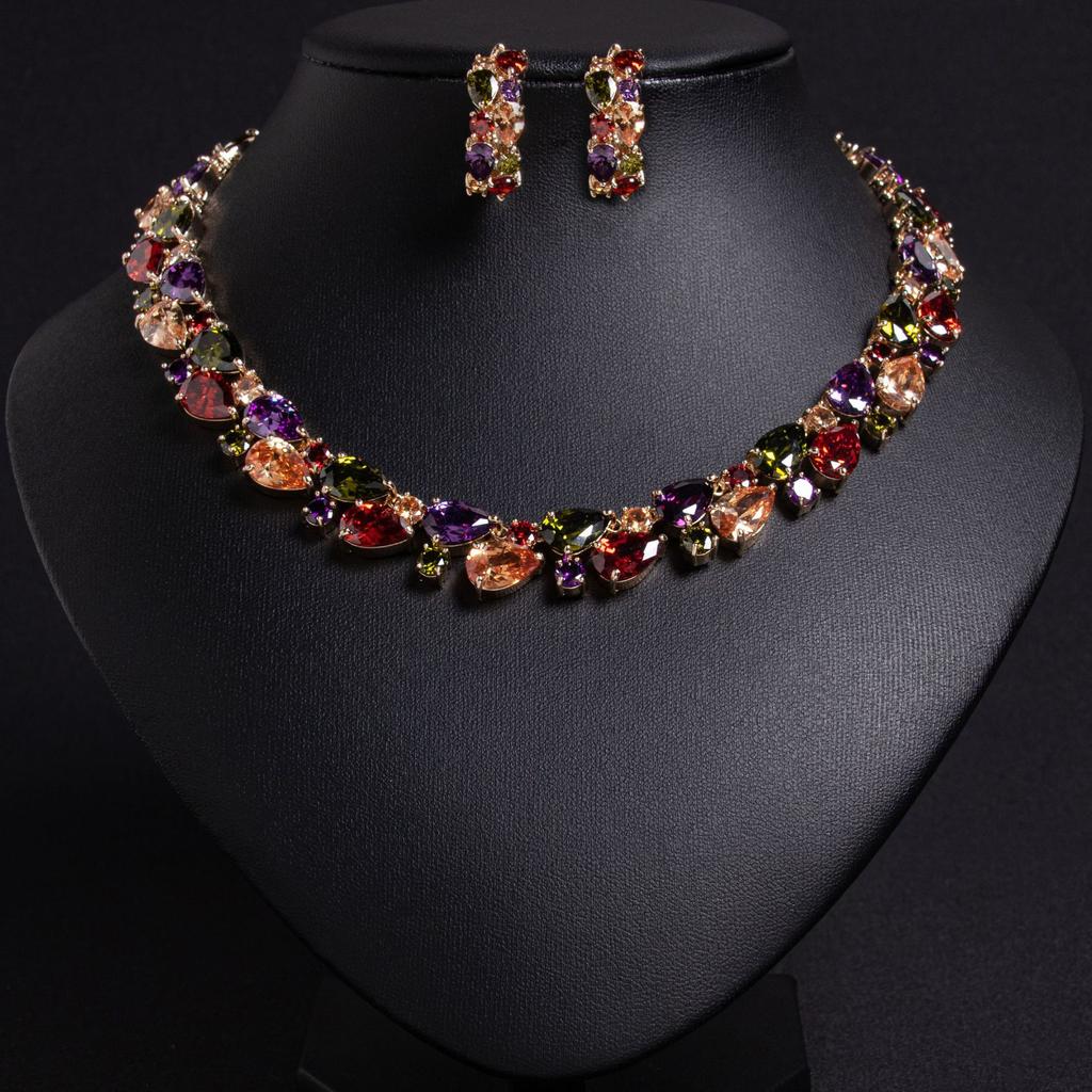 European and American Luxury Zircon Water Drop Bridal Accessories Jewelry Set Necklace Earrings Women's Two-piece Set