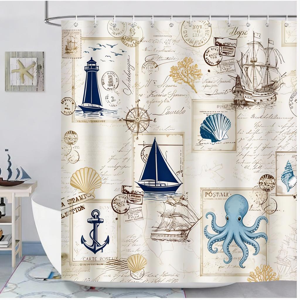 Modern Nautical Anchor Lighthouse Sailing Shower Curtain 180 X 200Cm Washable Polyester Shower Curtain With 12 Hooks