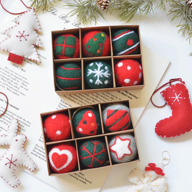 6pcs/box Wool Felt Party Hanging Balls Gifts Christmas Ornaments Home Santa Snowman Window Dsplay Ball Decorations Holiday