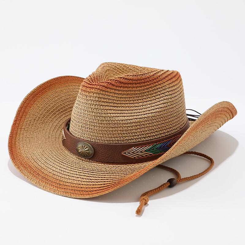 Ethnic Style Straw Woven Western Cowboy Hat, Summer Travel Photo Big Edge Straw Hat, Outdoor Beach Sunshade Sun Protection Hat