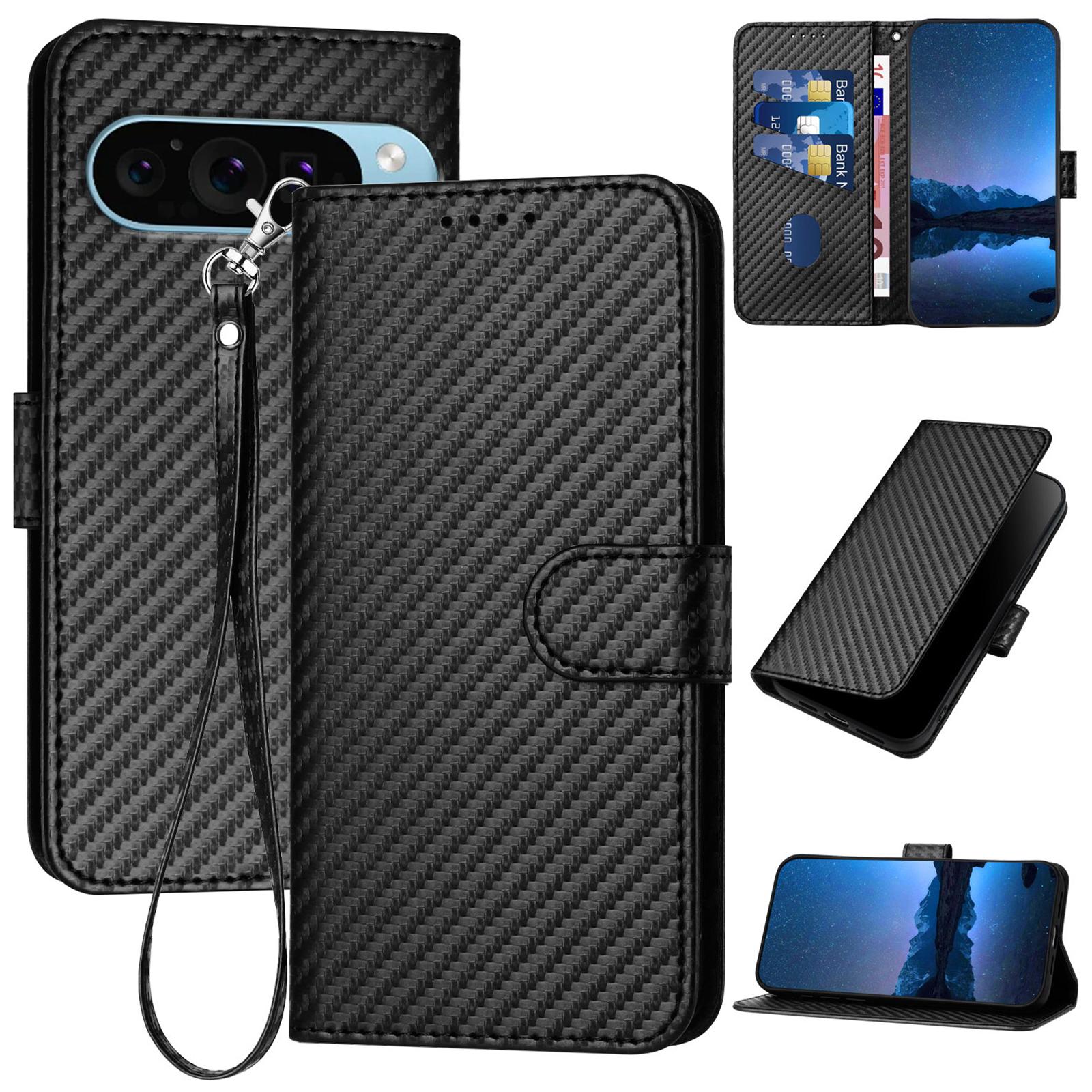 

YX0070 For Google Pixel 9 Pro XL Case Carbon Fiber Texture Folio Flip Leather Phone Cover Black