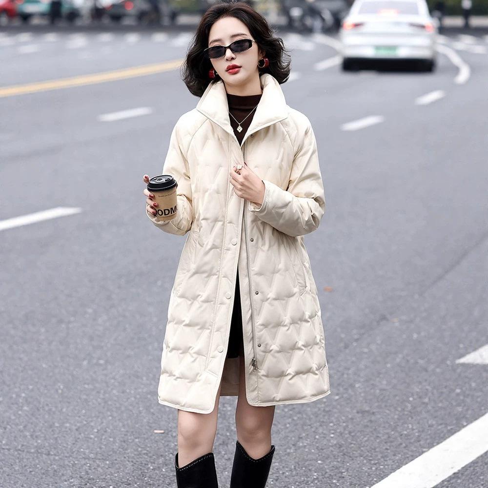 Down jacket women's jacket winter new medium and long hooded warm jacket light down jacket rhombus large size