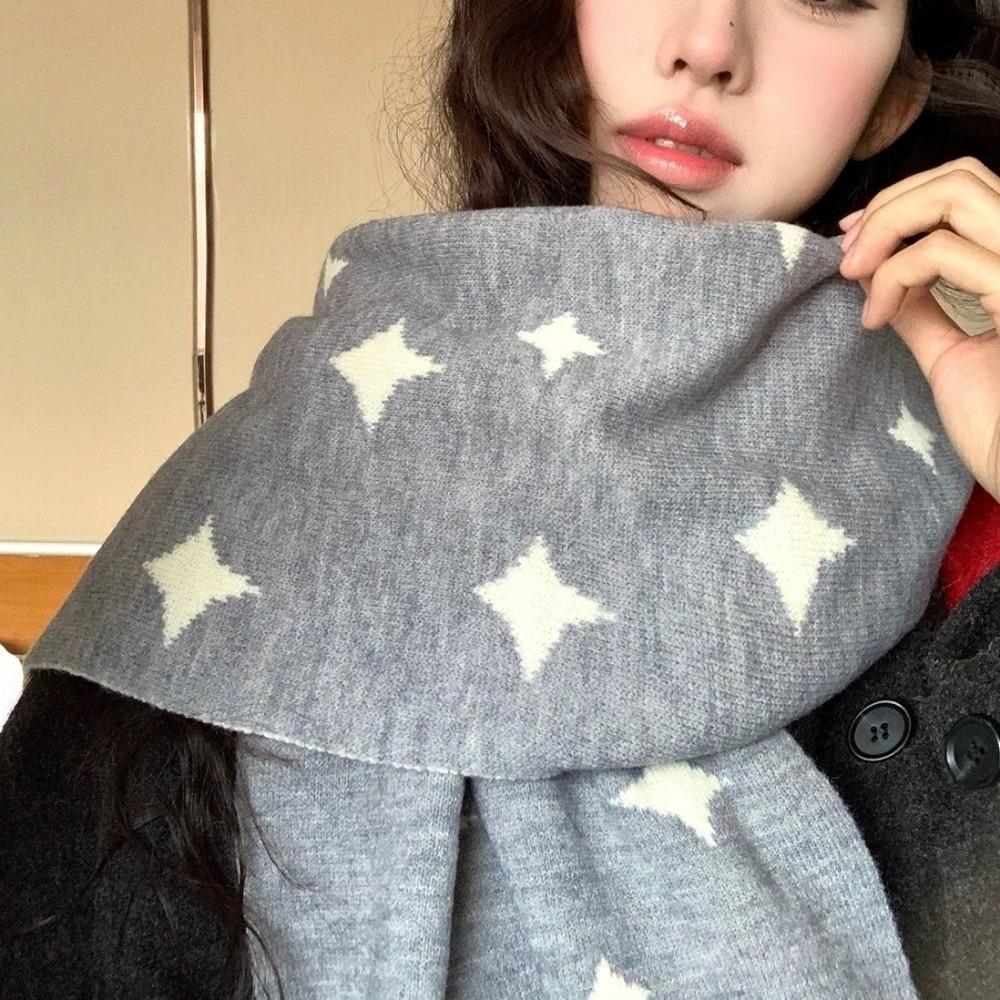 Double Side Women Winter Scarf Korean Style Cashmere Knitted Shawl Star Pattern Neckerchief Daily