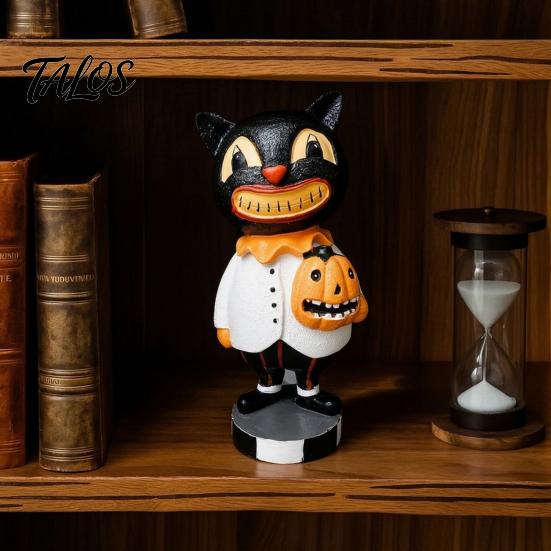 Halloween Party Supplies Black Cat Figurines, Vintage Ornament with Pumpkin, Small Theme Room Decor Retro Resin Table Decoration for Shelf,