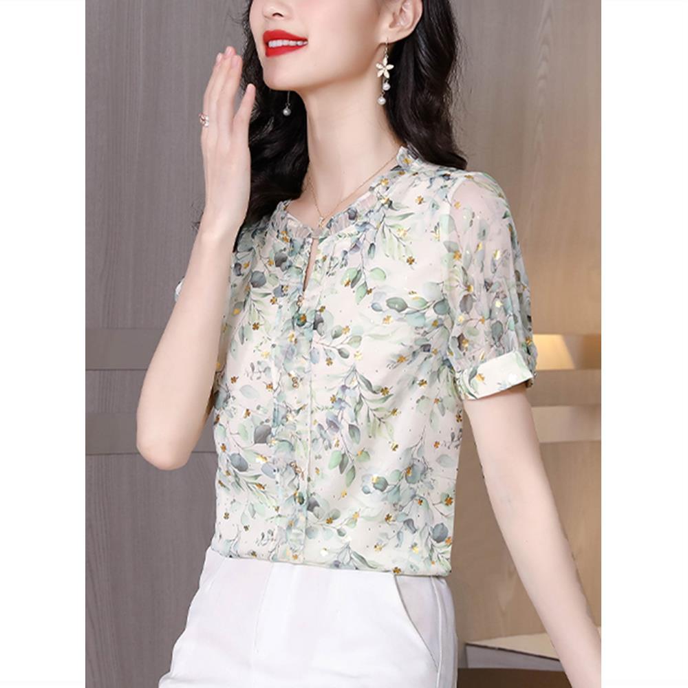 Mom's Short Sleeve Floral Chiffon Shirt Women's Summer New Loose Causal V Neck Thin Top