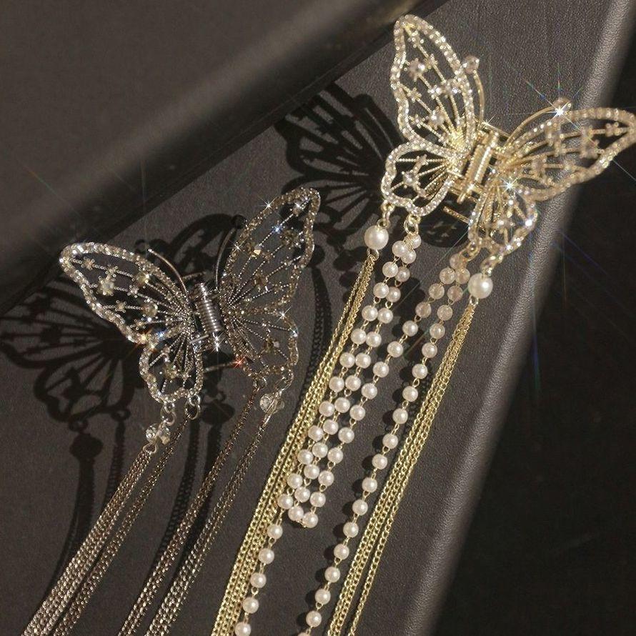 Trend Full Rhinestone Hollowed Out Butterfly Hair Clips Retro Pearl Tassel Ribbon Hair Claws Hairpins For Women Hair Accessories