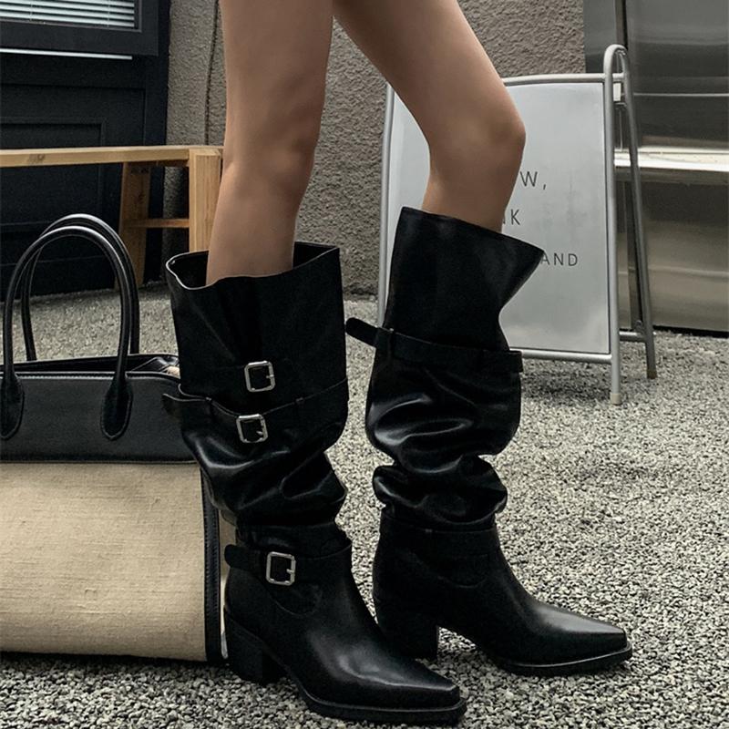 Autumn Vintage Thick Heel Women Knight Boots Fashion Belt Buckle Shoes Ladies Elegant Pointed Toe Mordern Knee High Booties