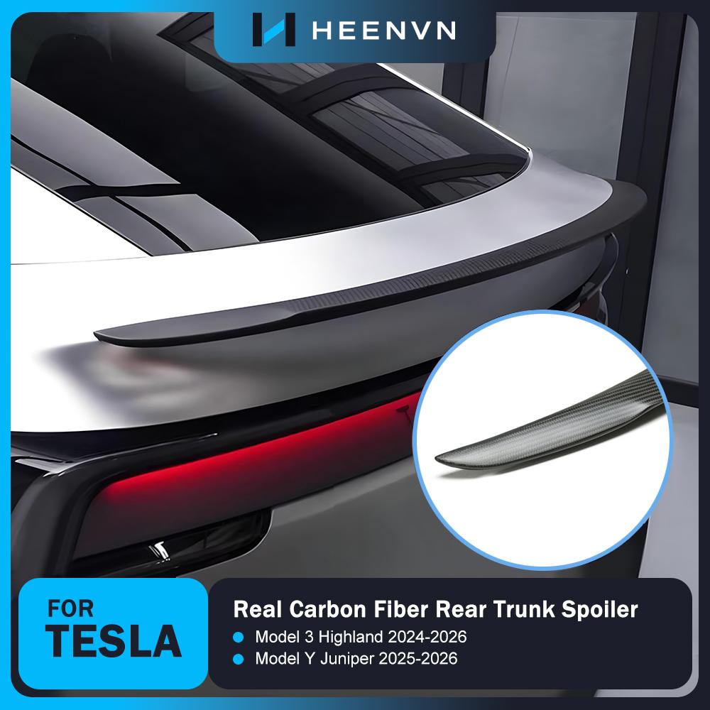 Heenvn Real Carbon Fiber Car Rear Trunk Spoiler For Tesla Model Y Juniper Model 3 Highland 2025 2026 Wing Exterior Accessories